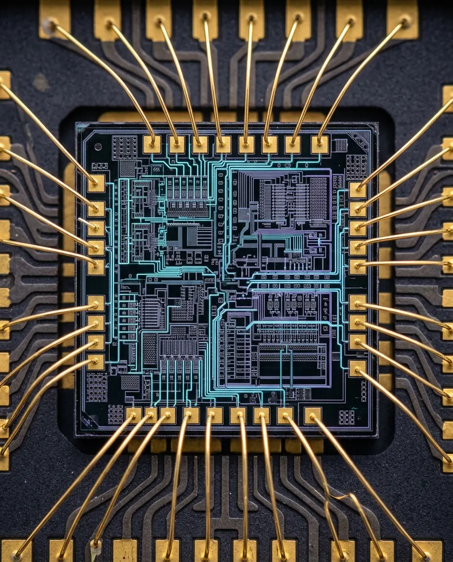 Macro de un chip de silicio con circuitos iluminados