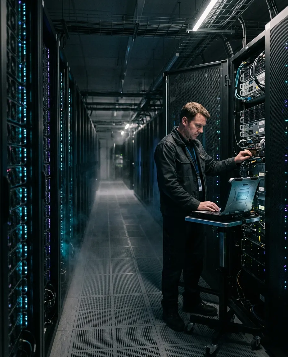 Técnico revisando servidores en un data center