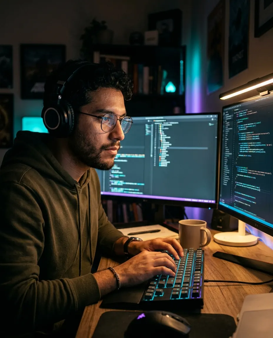 Desarrollador programando de noche con dos monitores