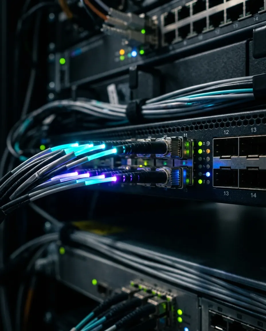 Cables de fibra óptica iluminados conectados a un switch