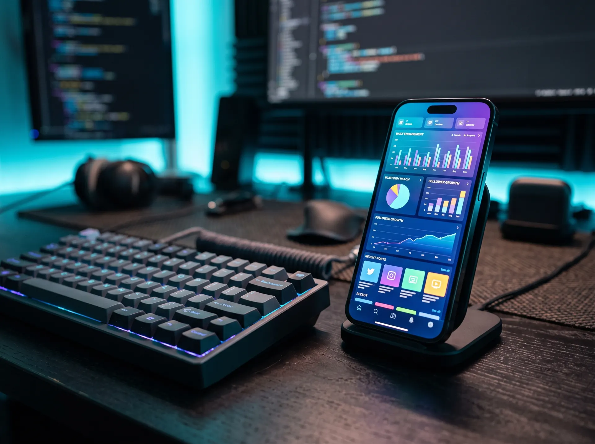 Celular con métricas de redes sociales sobre un escritorio de tecnología